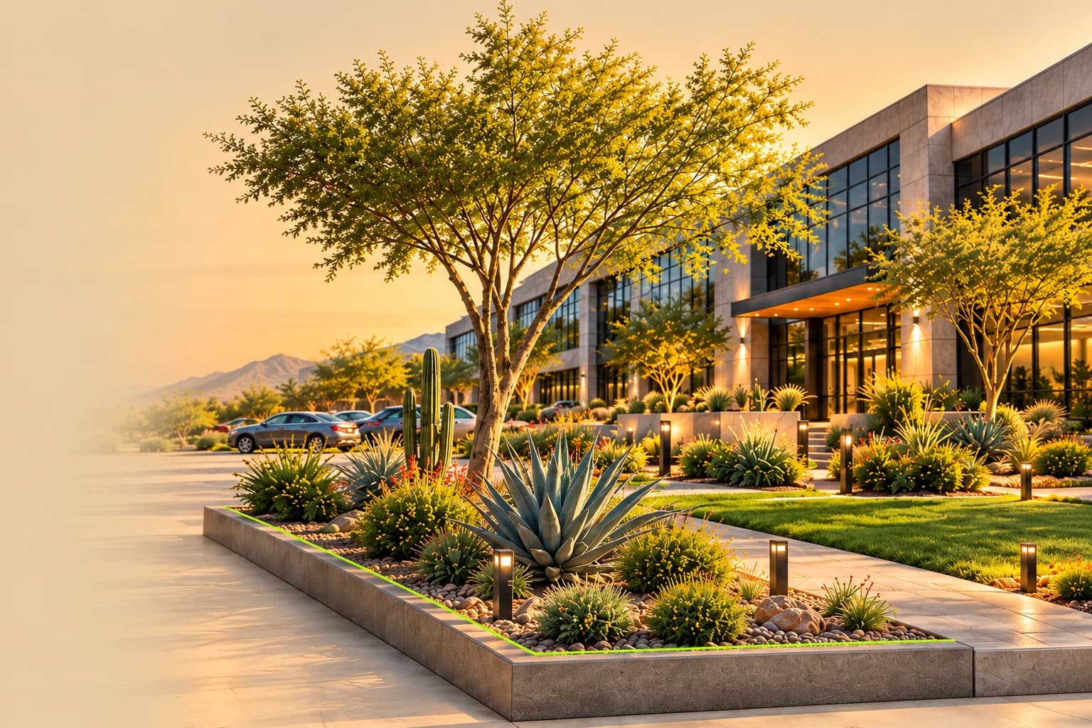 Illustrative Arizona commercial campus with desert planting, healthy trees, and maintained grounds